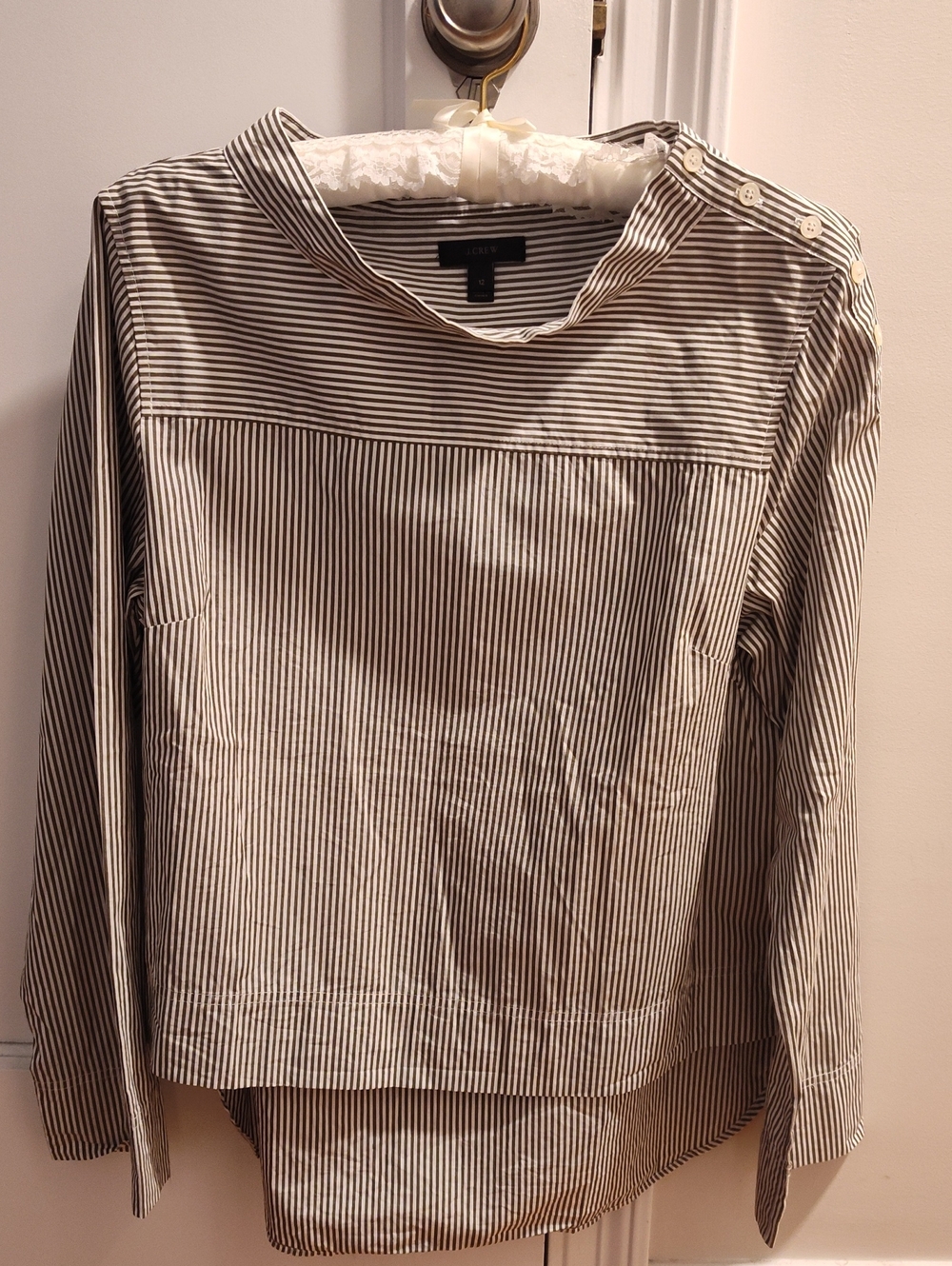 J. Crew Black and White Striped Long-Sleeve Button-Shoulder Top